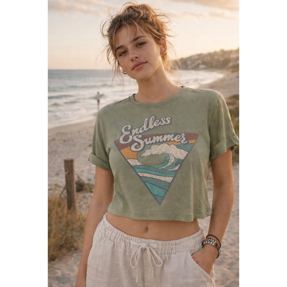 Endless Summer Crop Tee Small Green‎ Surf Graphic Y2K Coastal Retro